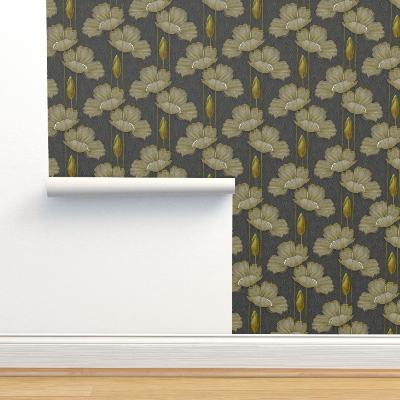 Art Decor Poppy Vintage 1920S Poppies Yellow Grey Antique Floral Botanical Custom Removable Wallpaper by Spoonflower Peel & Stick Wallpaper 2FT Wide
